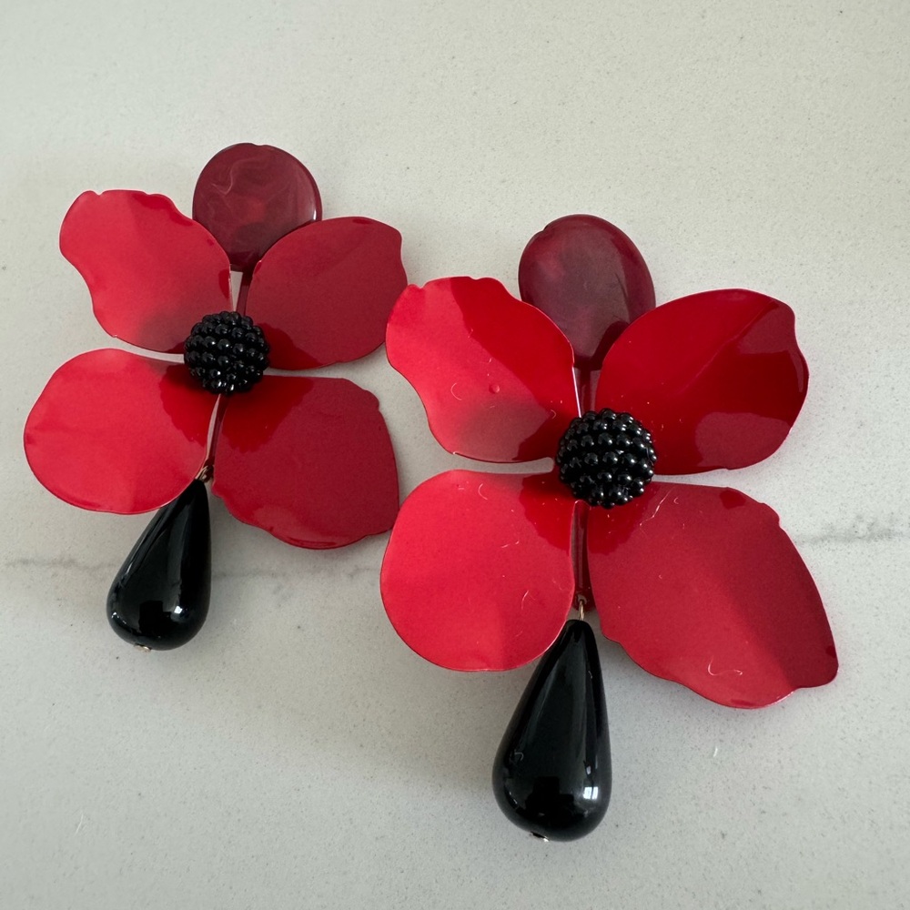 Red and Black Vintage Floral Earrings 3” Long